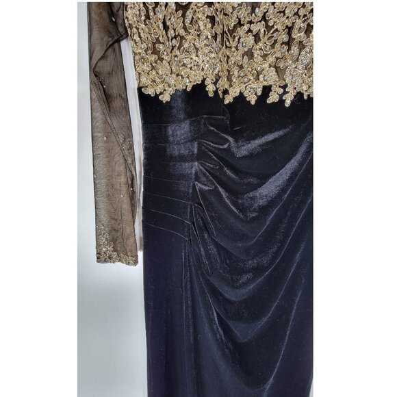 Xscape Beaded Illusion Bodice Velvet Evening Gown, Black & Gold, Womens Size 2 - Picture 8 of 12